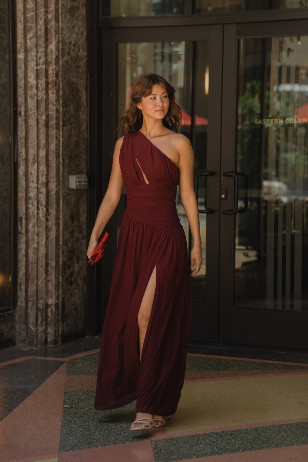 One Shoulder Mesh Maxi Dress With Slit