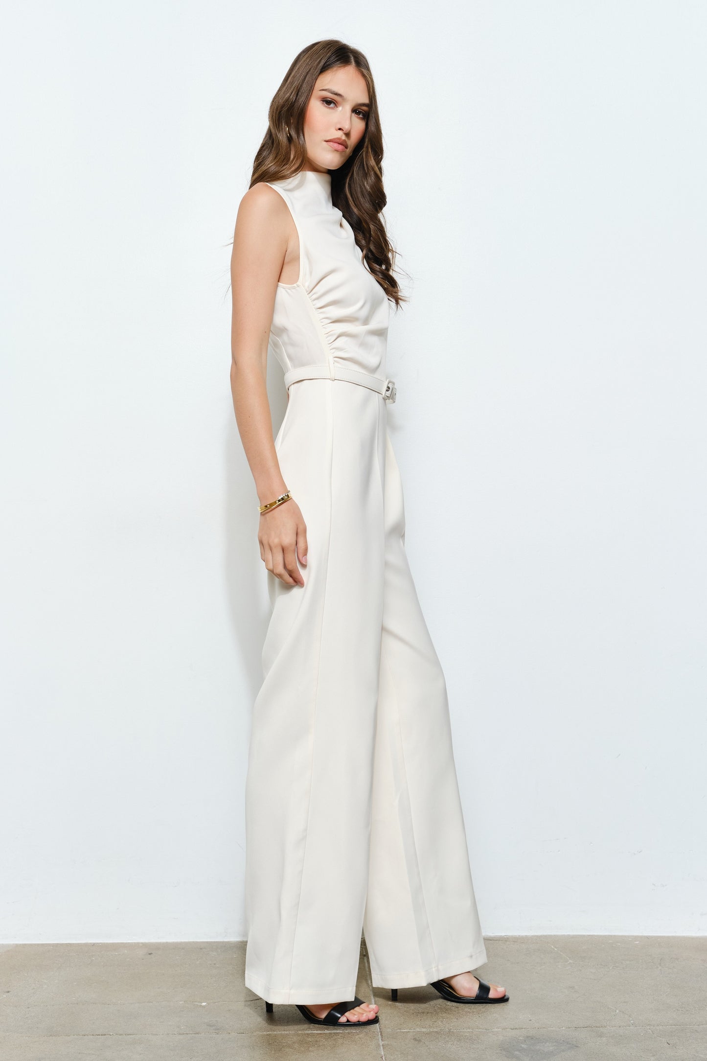 Asymmetric Draped Belted Sleeveless Jumpsuit