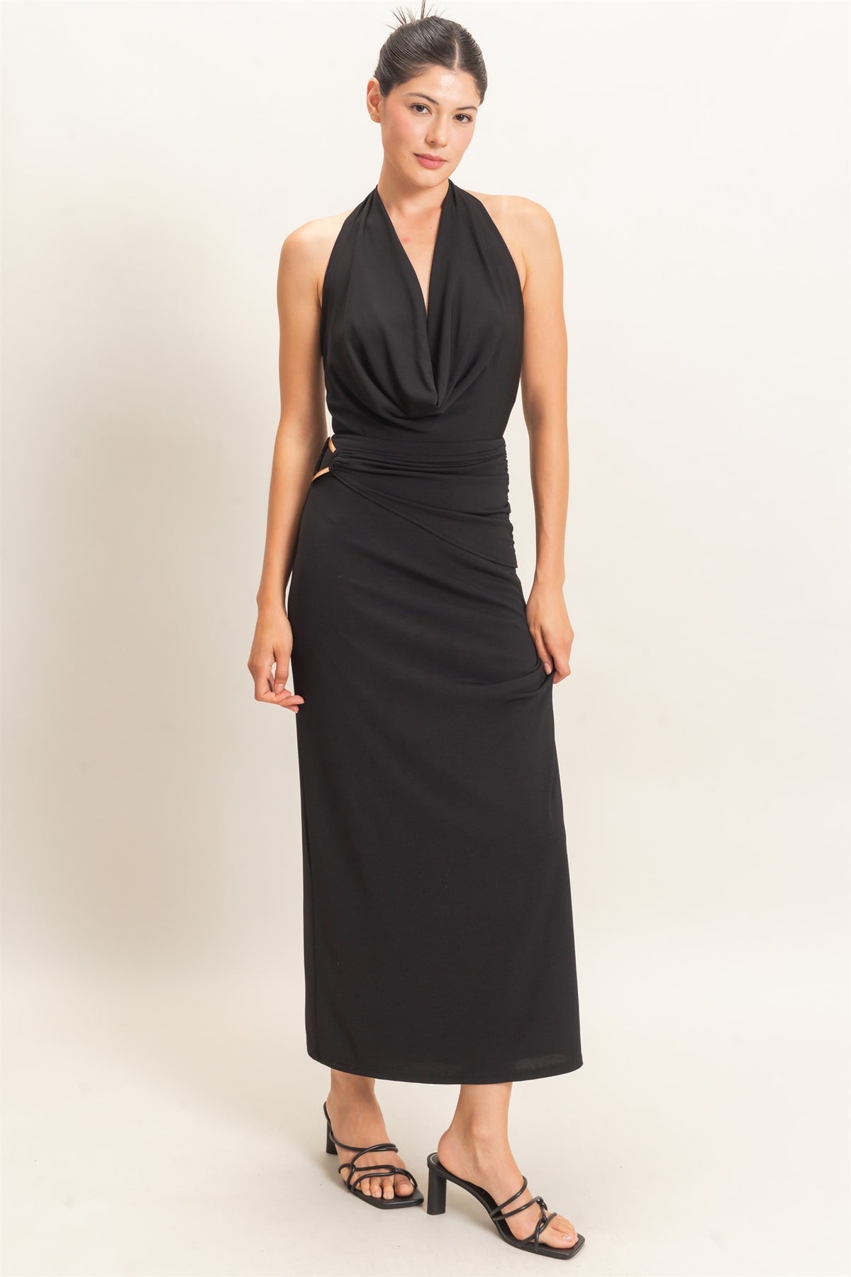 cowl halter neck draped waist maxi dress