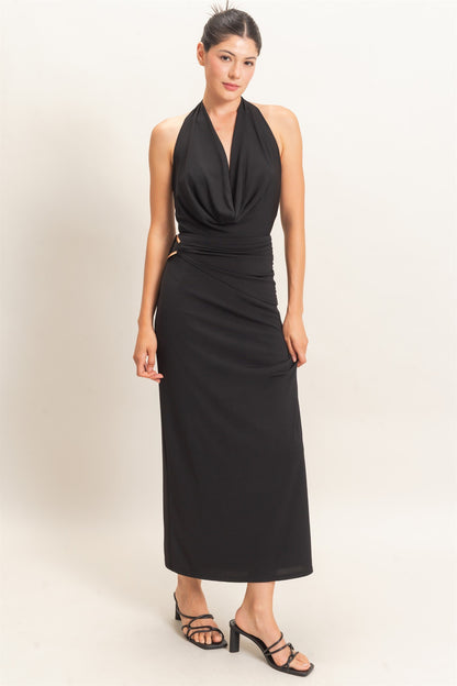 cowl halter neck draped waist maxi dress