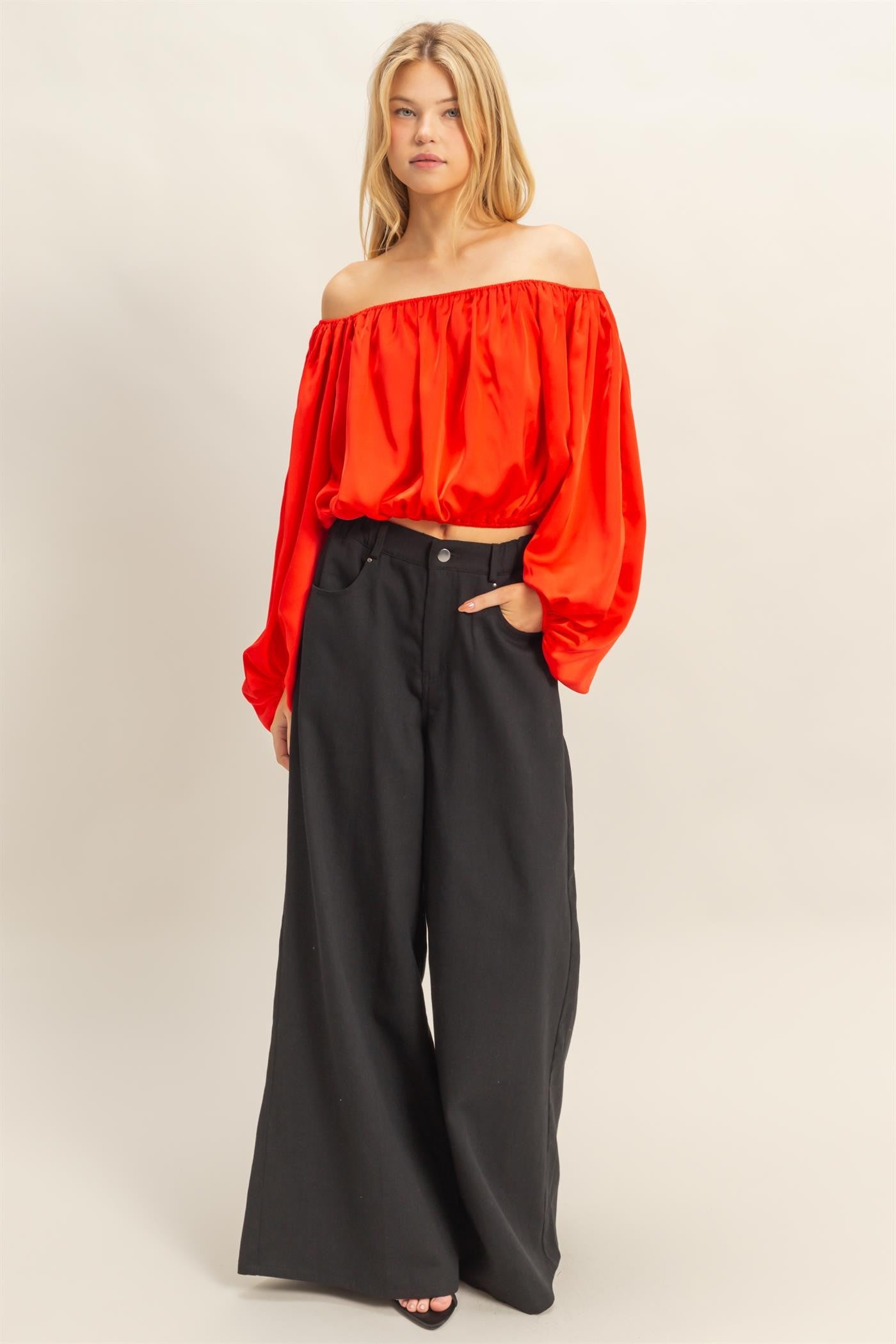 Balloon Sleeve Off the Shoulder Satin Blouse