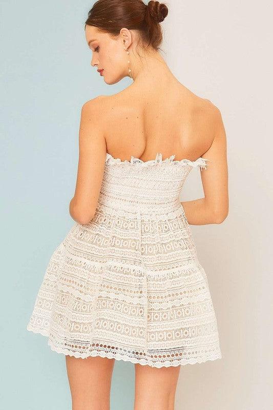 fit & flare strapless smocked crochet lace dress