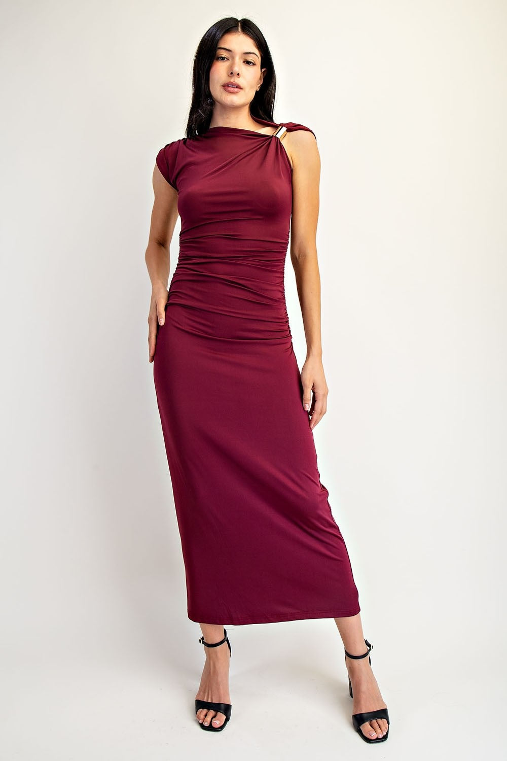 Metal Ring Strap Ruched Midi Dress
