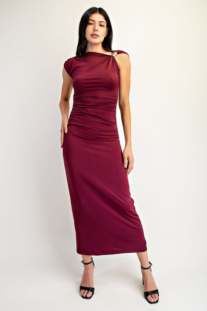 Metal Ring Strap Ruched Midi Dress