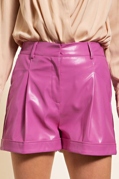 Pleated High Waist Faux Leather Shorts