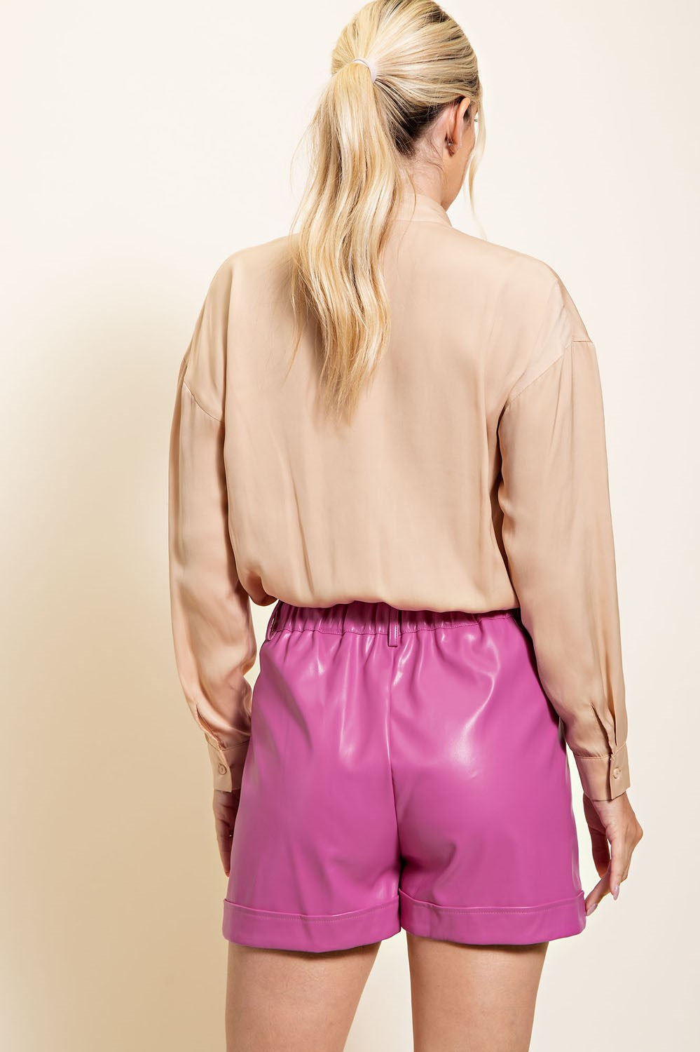 Pleated High Waist Faux Leather Shorts