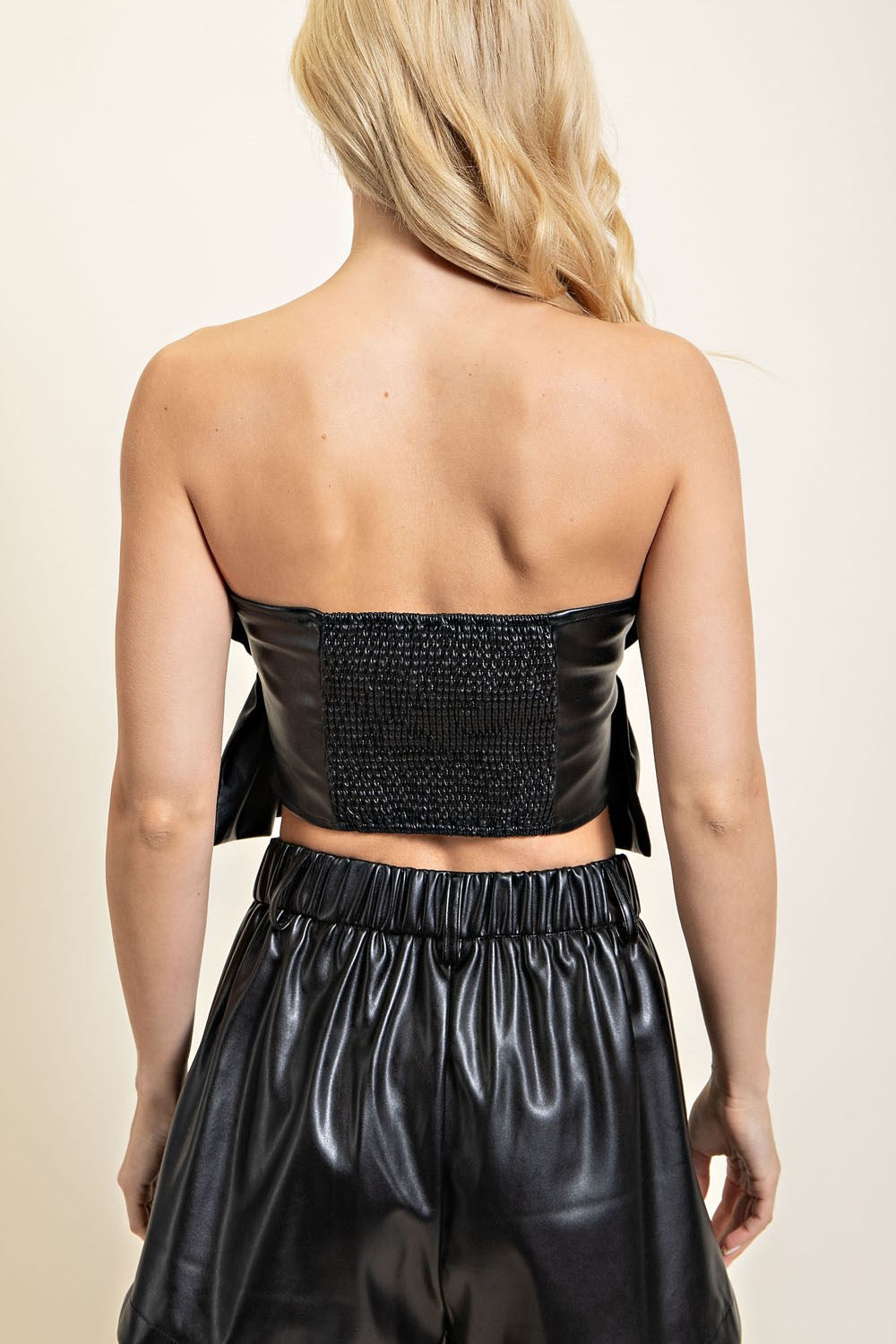 Ruffled Strapless Faux Leather Top