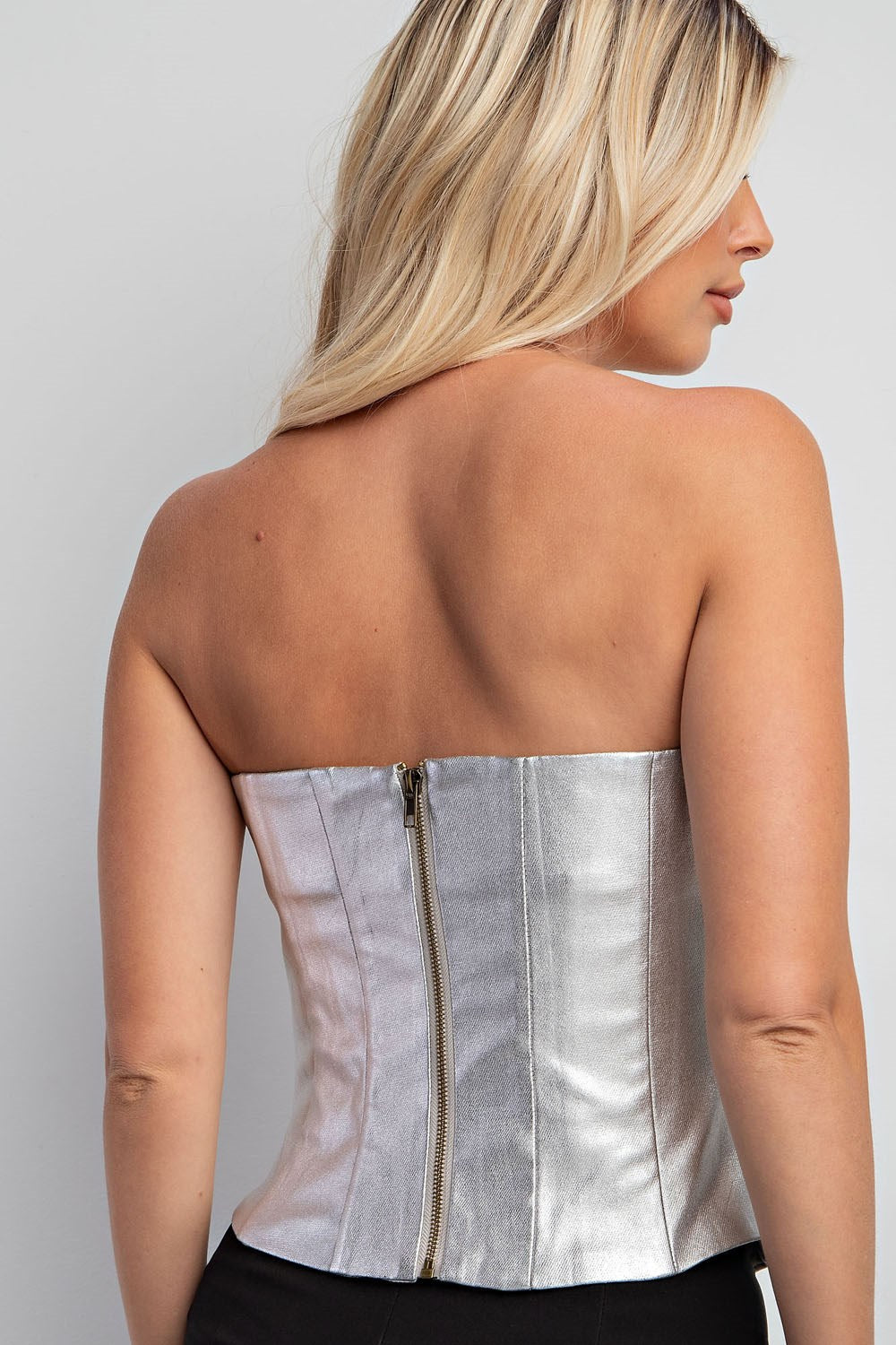 metallic strapless bustier