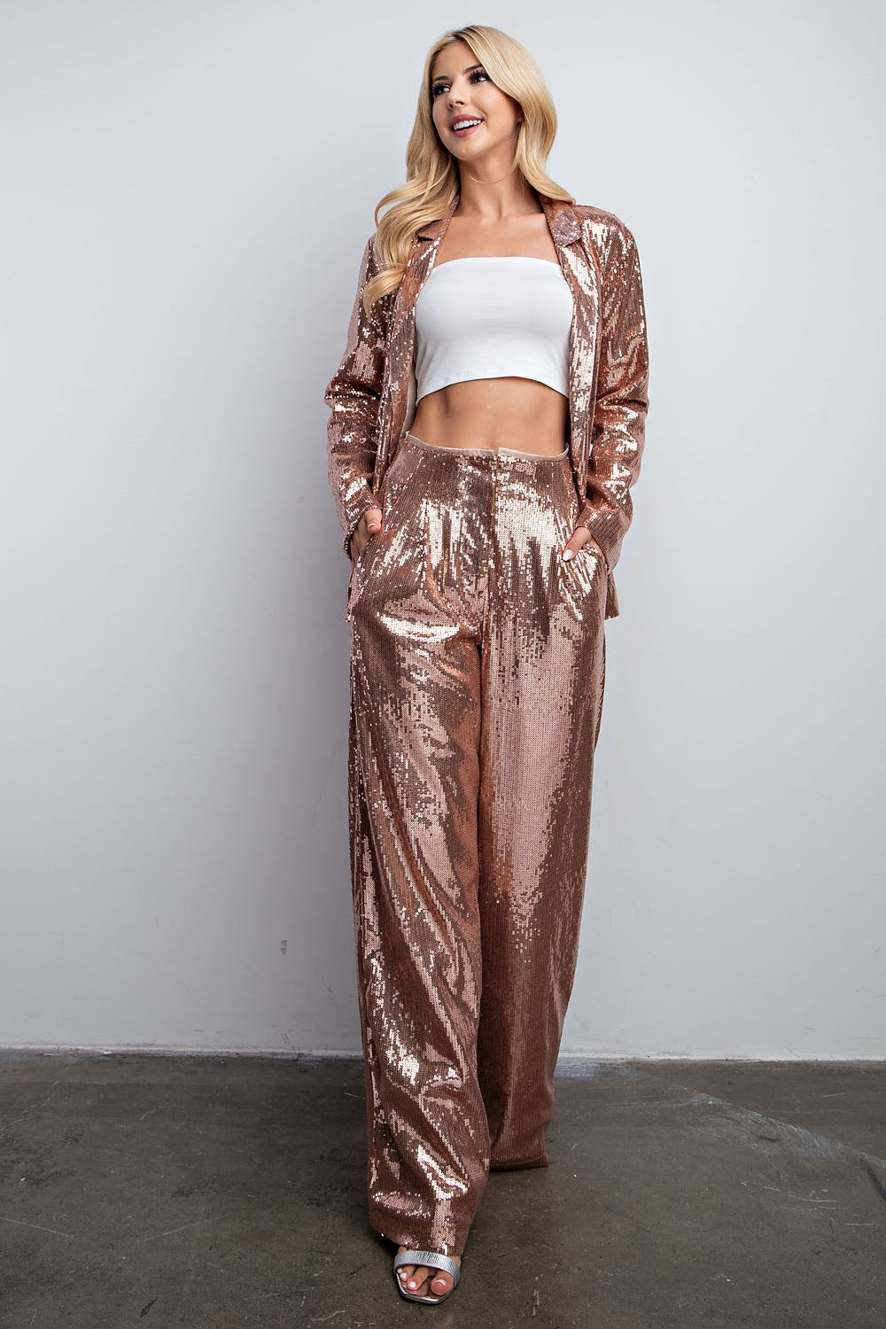 Imogen Two Piece Set - Bandeau Top and Straight Pants Set in Rose Gold  Sequin | Showpo USA