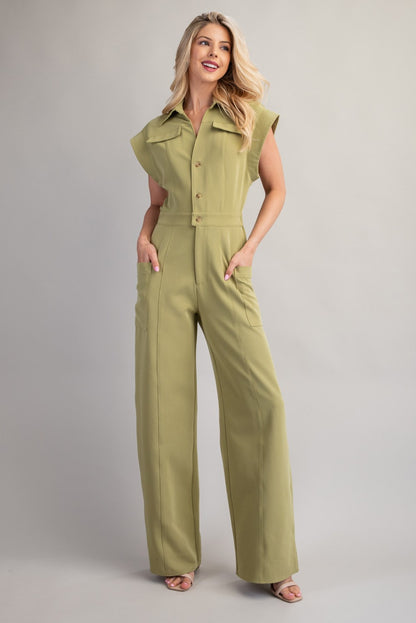 v-neck collar button up jumpsuit