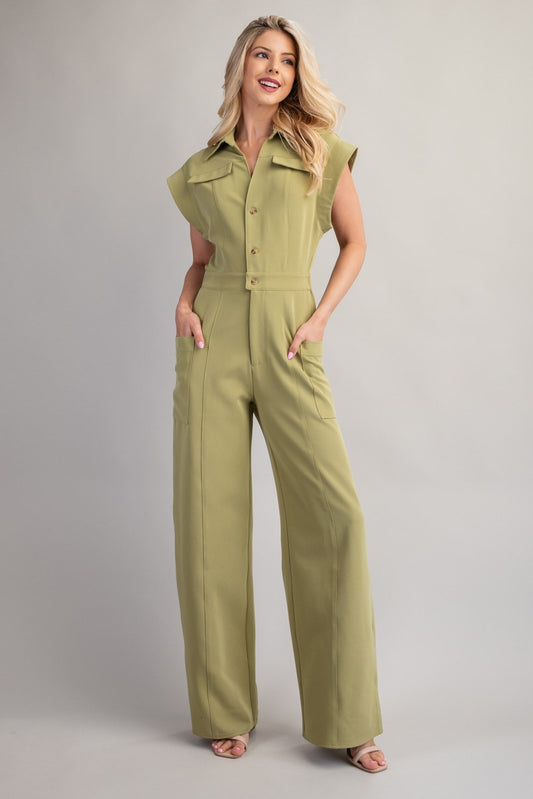 v-neck collar button up jumpsuit