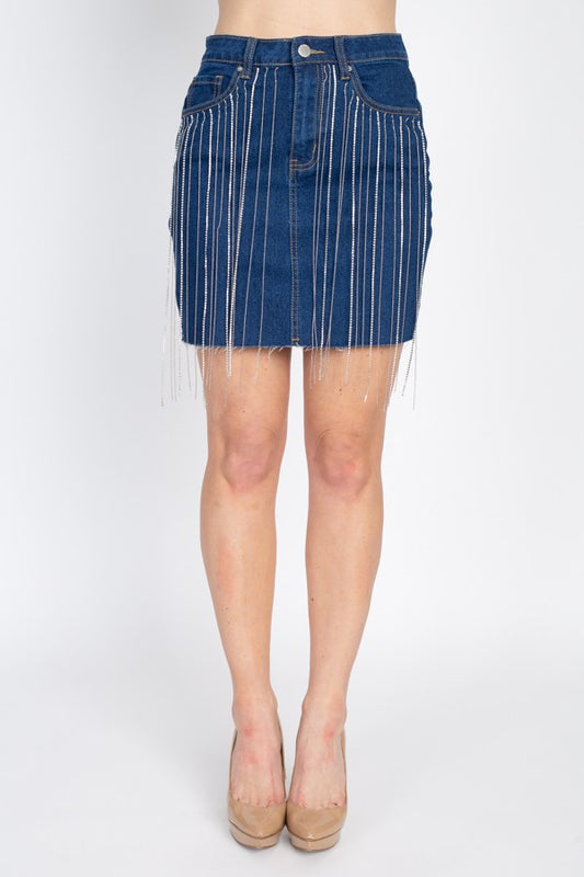Rhinestone Fringe Denim Mini Skirt