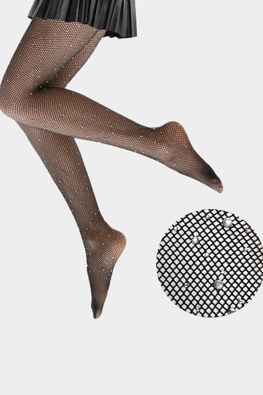 Crystal Embellished Fishnet Pantyhose Tights Black/Clear / ONE SIZE