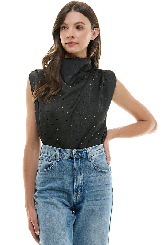 rhinestone studded funnel neck sleeveless top