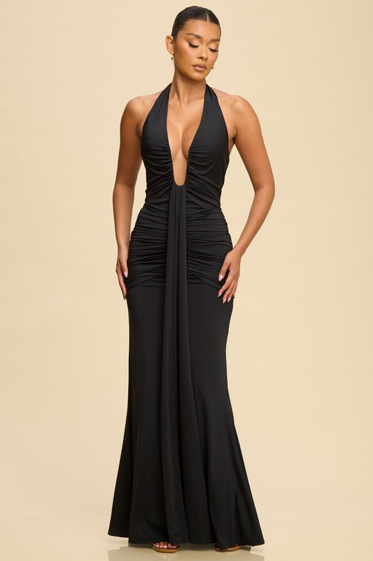 deep v neck halter maxi dress