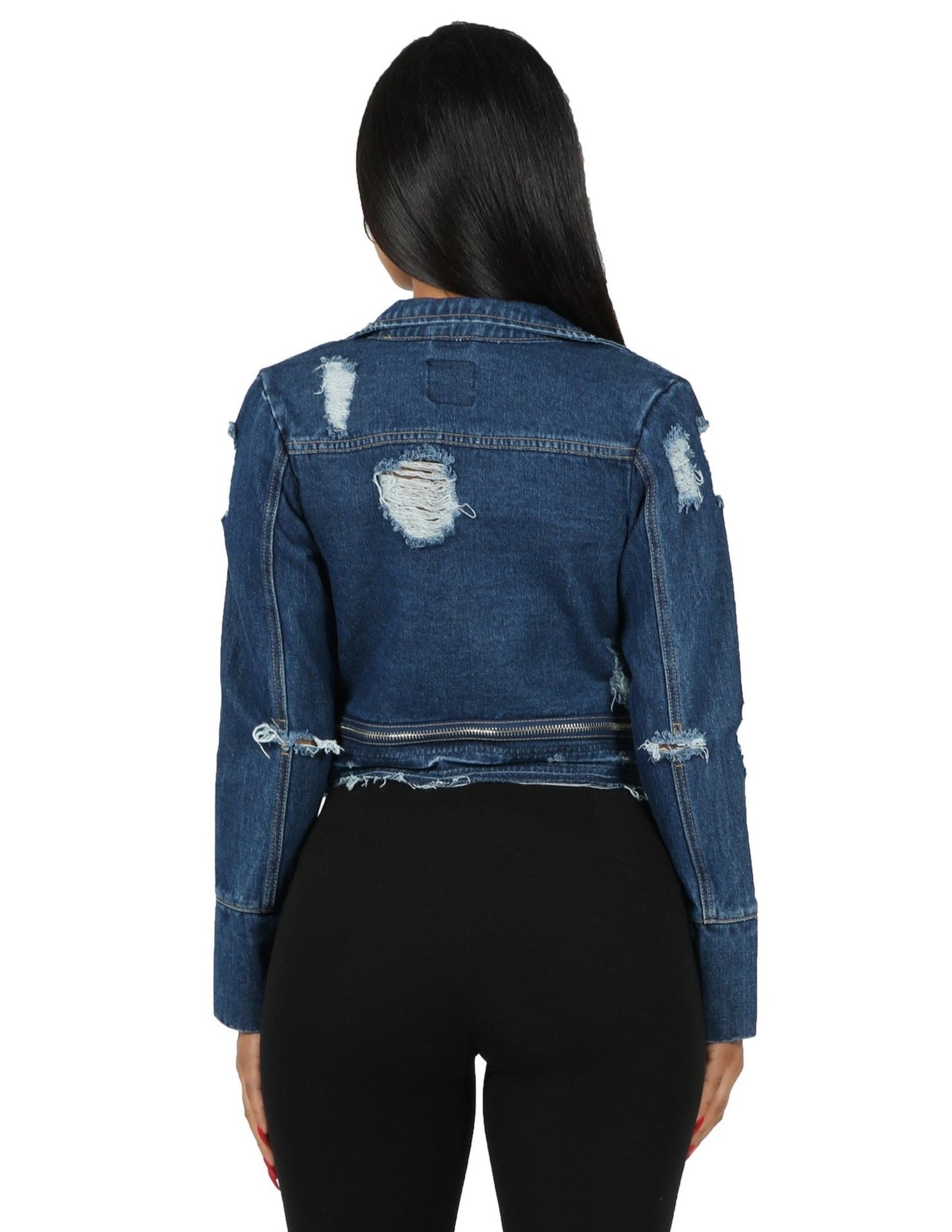 Distressed Denim Motorcycle Jacket