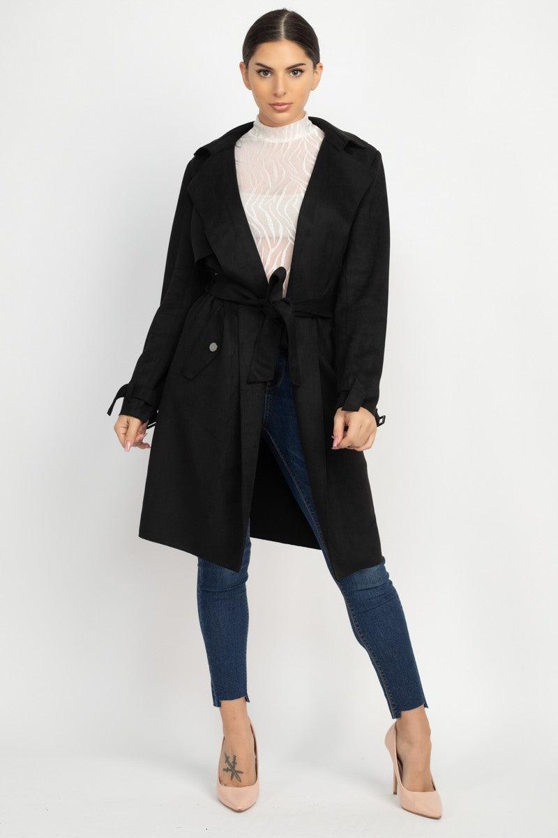 belted faux suede double breasted coat - tarpiniangroup