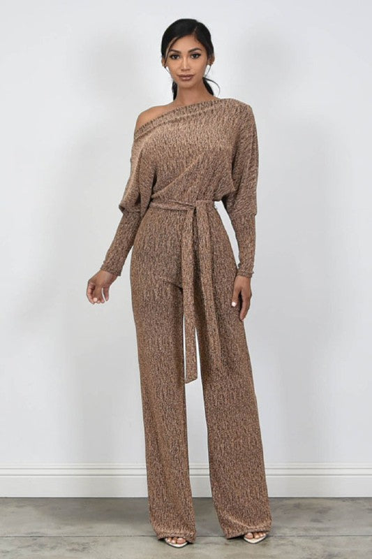 Metallic Jacquard Wide Open Neck Jumpsuit