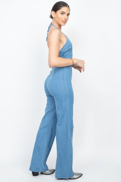 denim belted halter jumpsuit - RK Collections Boutique