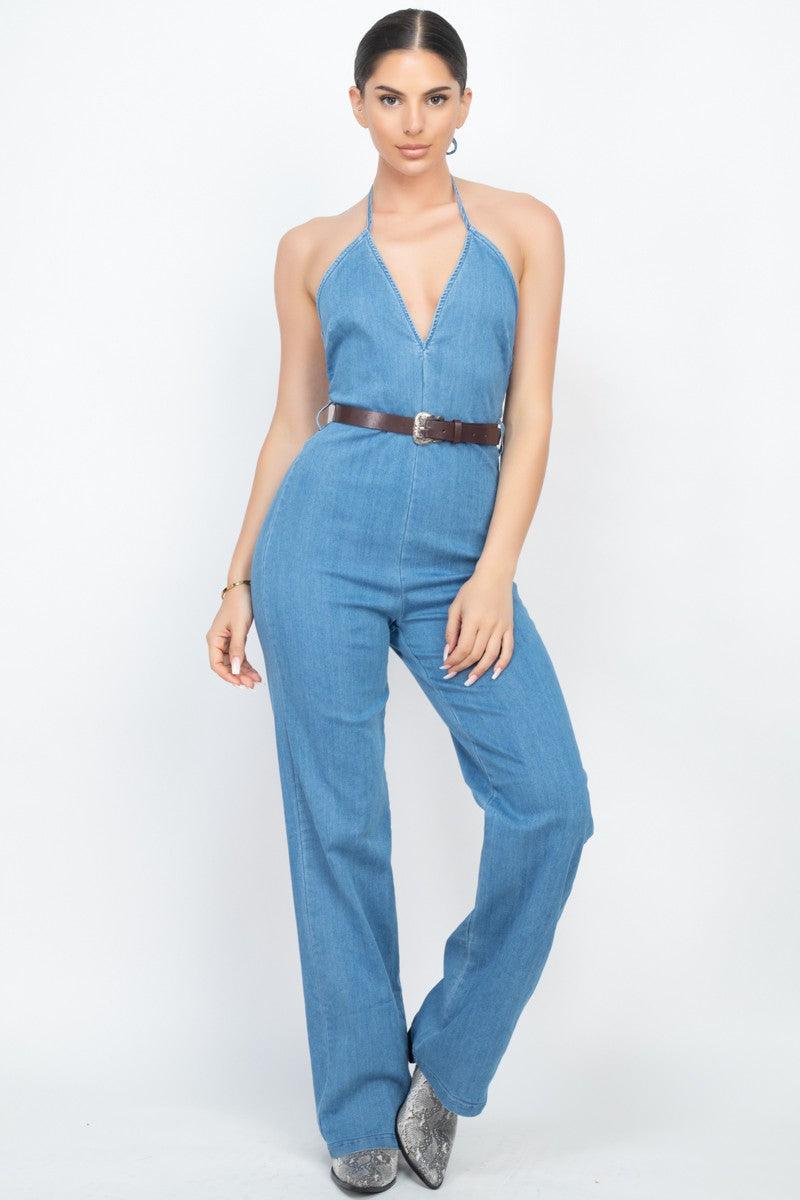 denim belted halter jumpsuit - RK Collections Boutique
