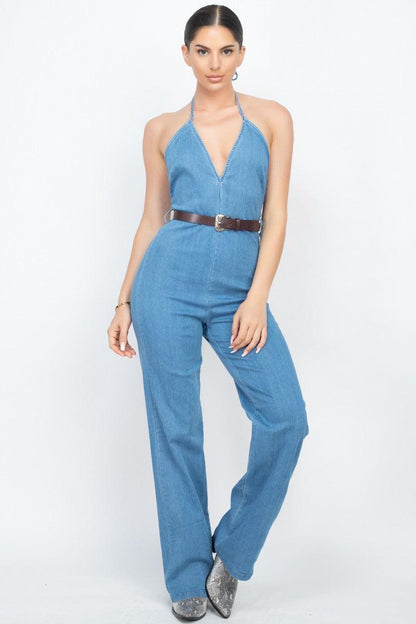 denim belted halter jumpsuit - RK Collections Boutique
