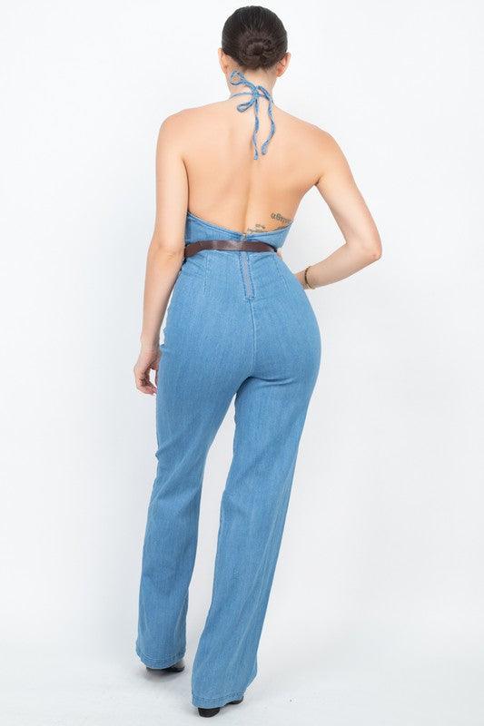 denim belted halter jumpsuit - RK Collections Boutique