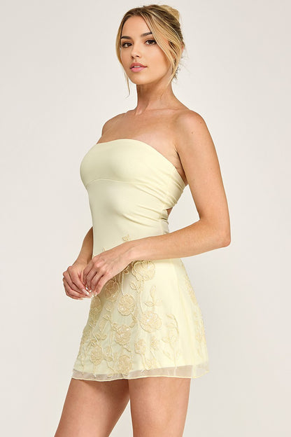 Mesh Strapless Cut Out Back Sequin Floral Mini Dress