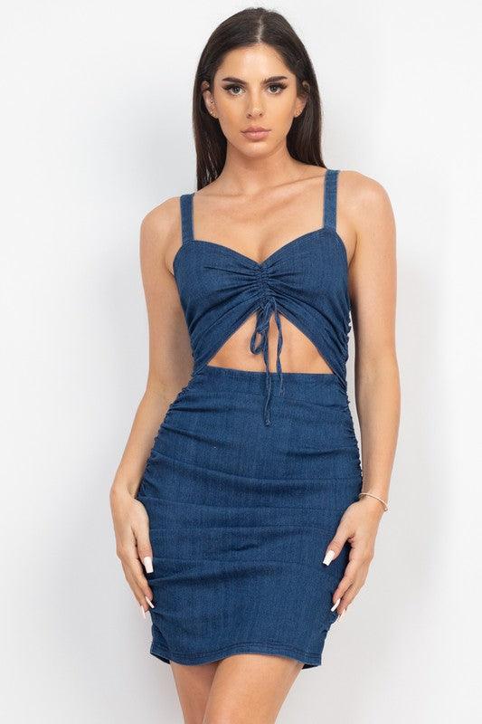 denim drawstring ruched bust dress - RK Collections Boutique