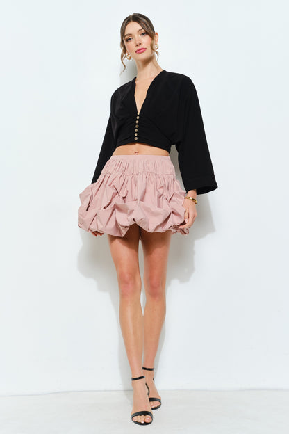 Ruched Button-front Kimono Sleeve Crop Top