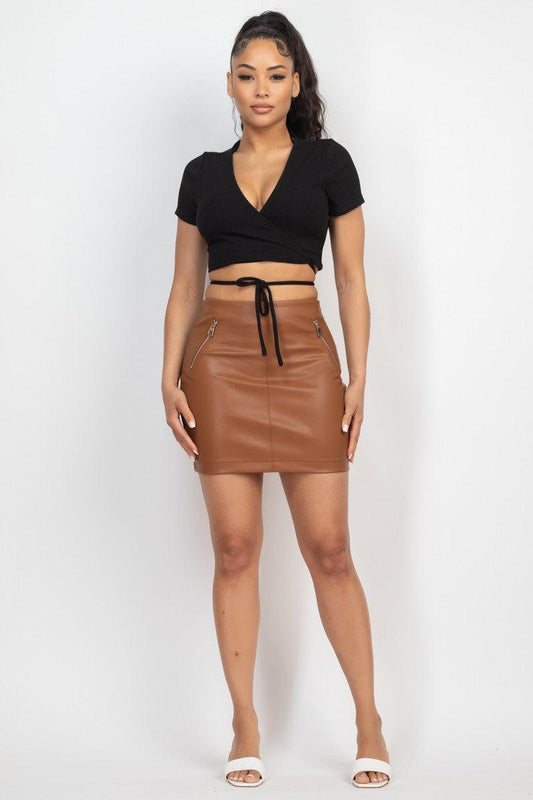 2pc ribbed short sleeve wrap crop top