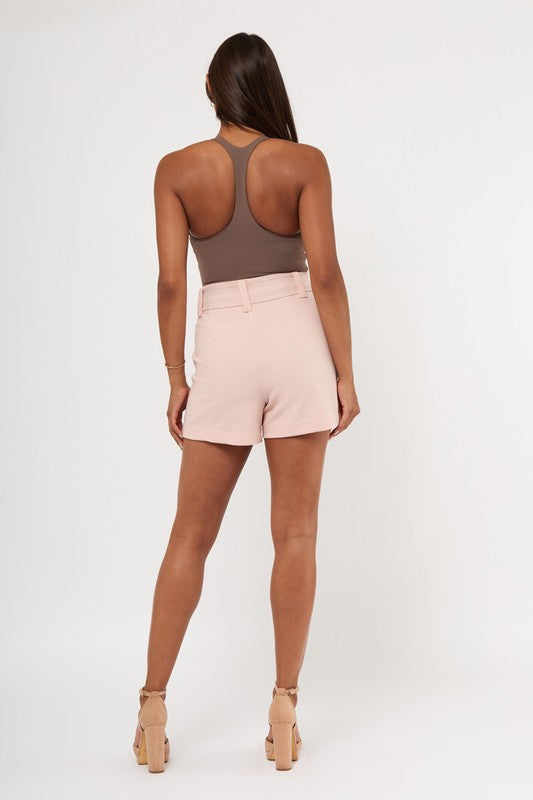 knit crepe stretch high waist belted shorts