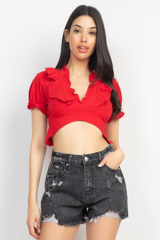 ruffle trim lace up back crop top - RK Collections Boutique