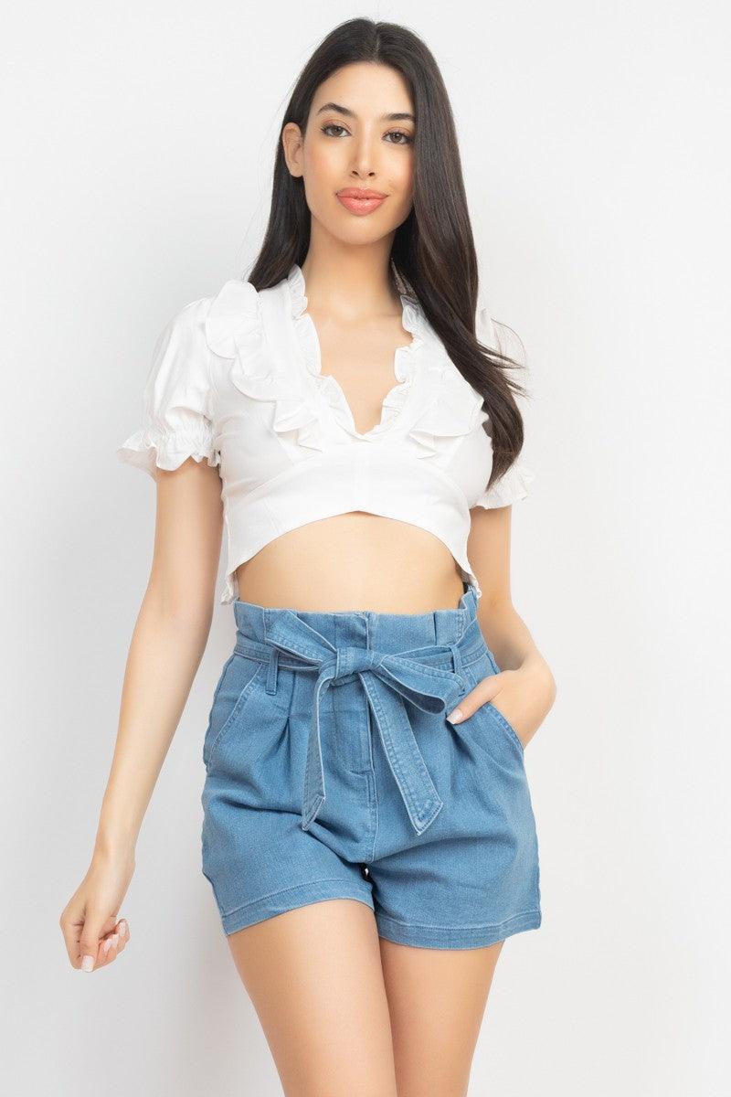 ruffle trim lace up back crop top - RK Collections Boutique