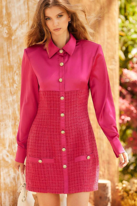 satin and tweed button down dress