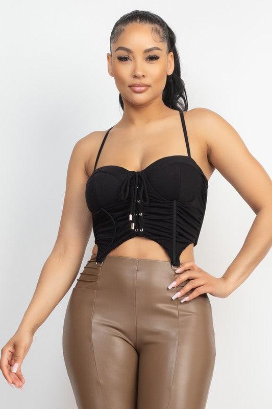 ruched lace-up front bustier