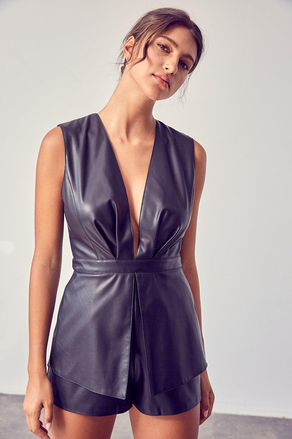 faux leather deep v open back romper - RK Collections Boutique