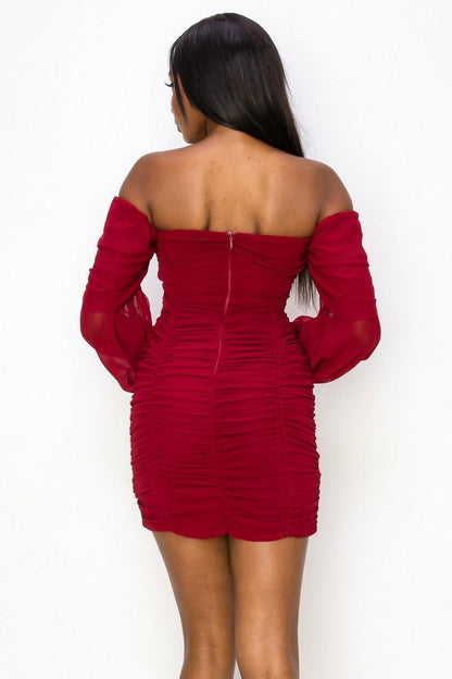 chiffon off the shoulder ruched mini dress - RK Collections Boutique