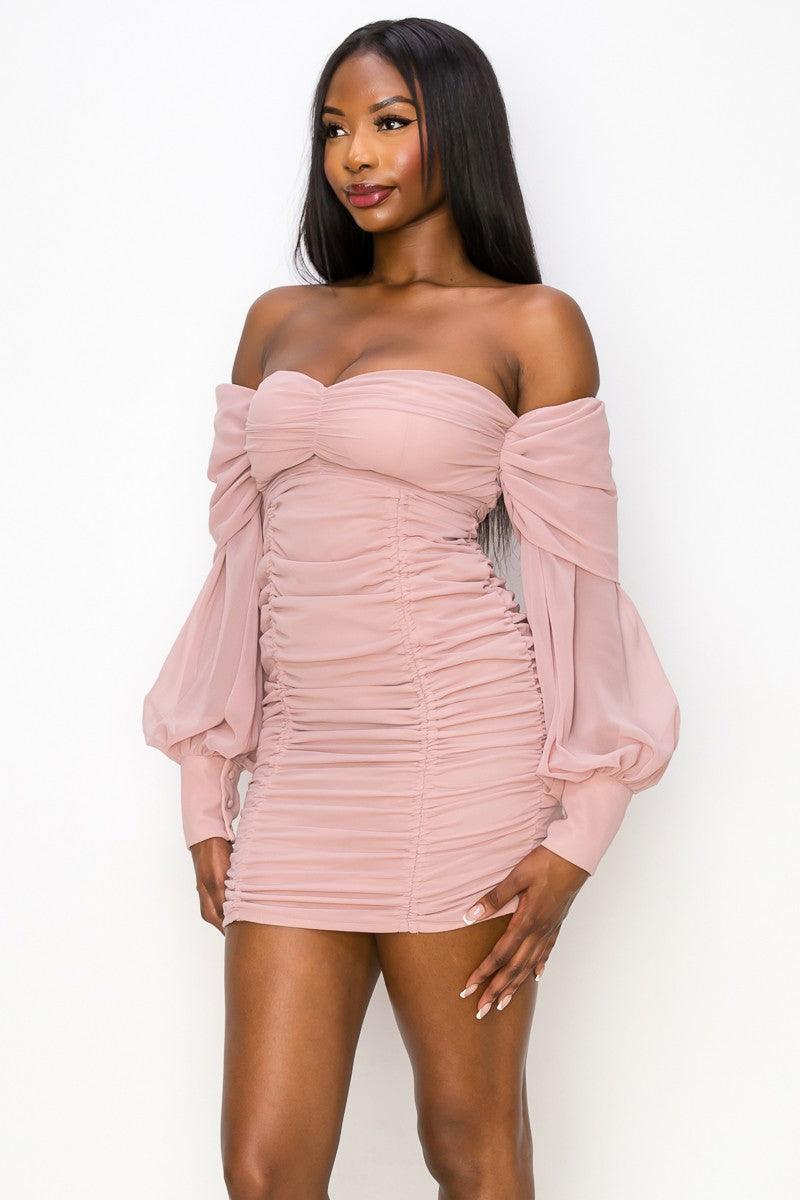 chiffon off the shoulder ruched mini dress - RK Collections Boutique