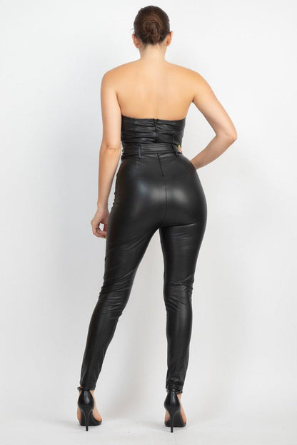 faux leather strapless belted jumpsuit - alomfejto