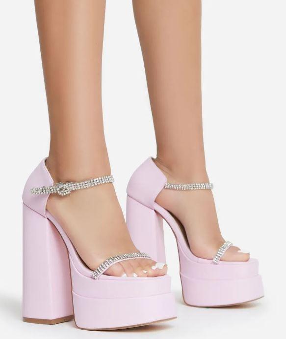 satin rhinestone strap chunky heel platform shoe - RK Collections Boutique
