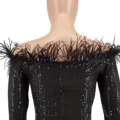 feather trim off shoulder sequin dress