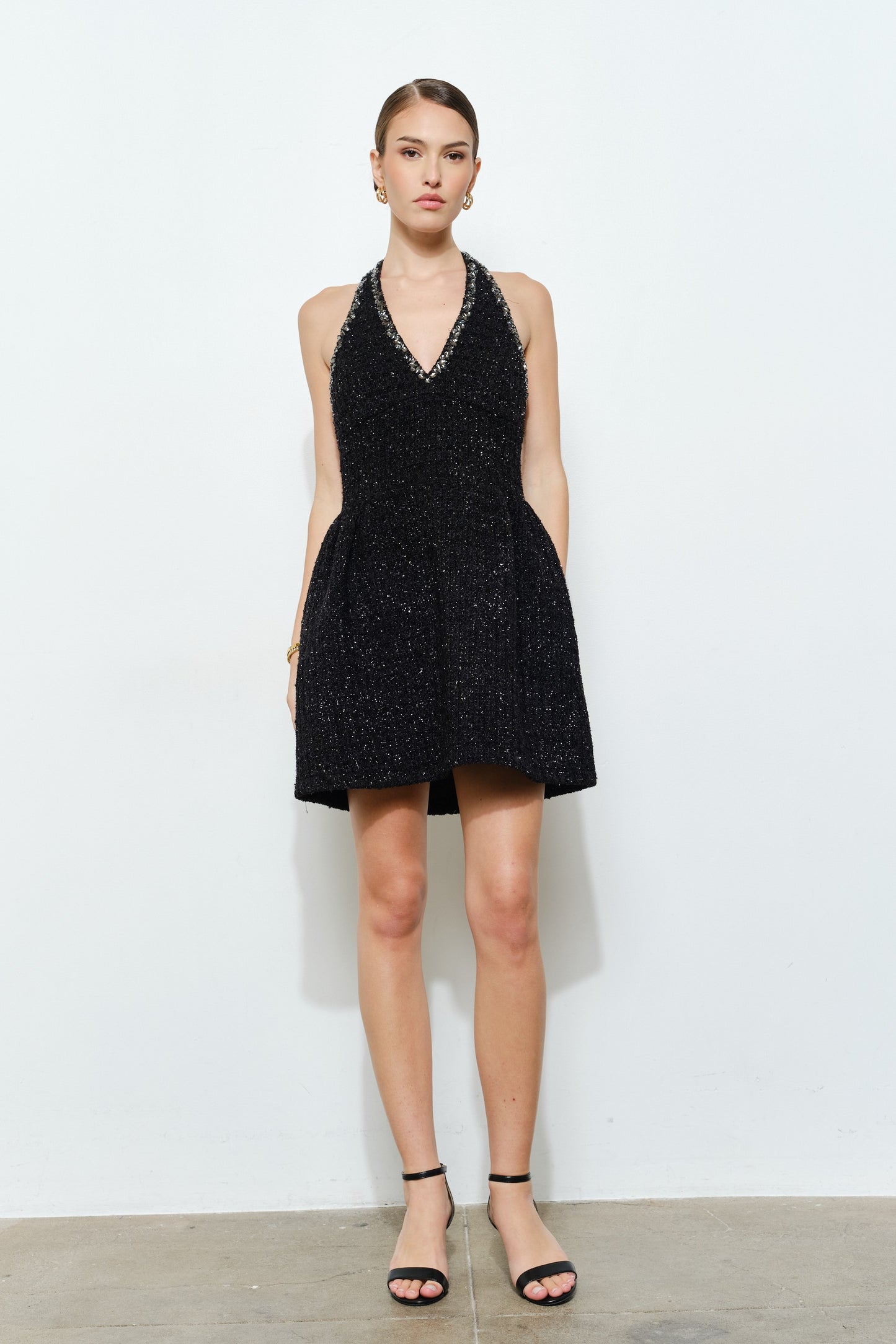 Lurex Glitter Tweed Rhinestone Trim Flare Halter Dress