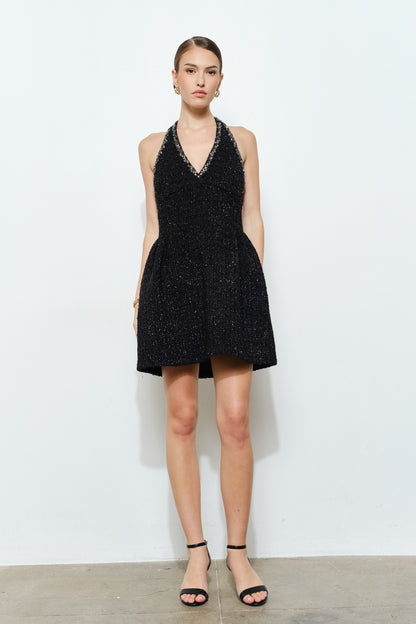 Lurex Glitter Tweed Rhinestone Trim Flare Halter Dress