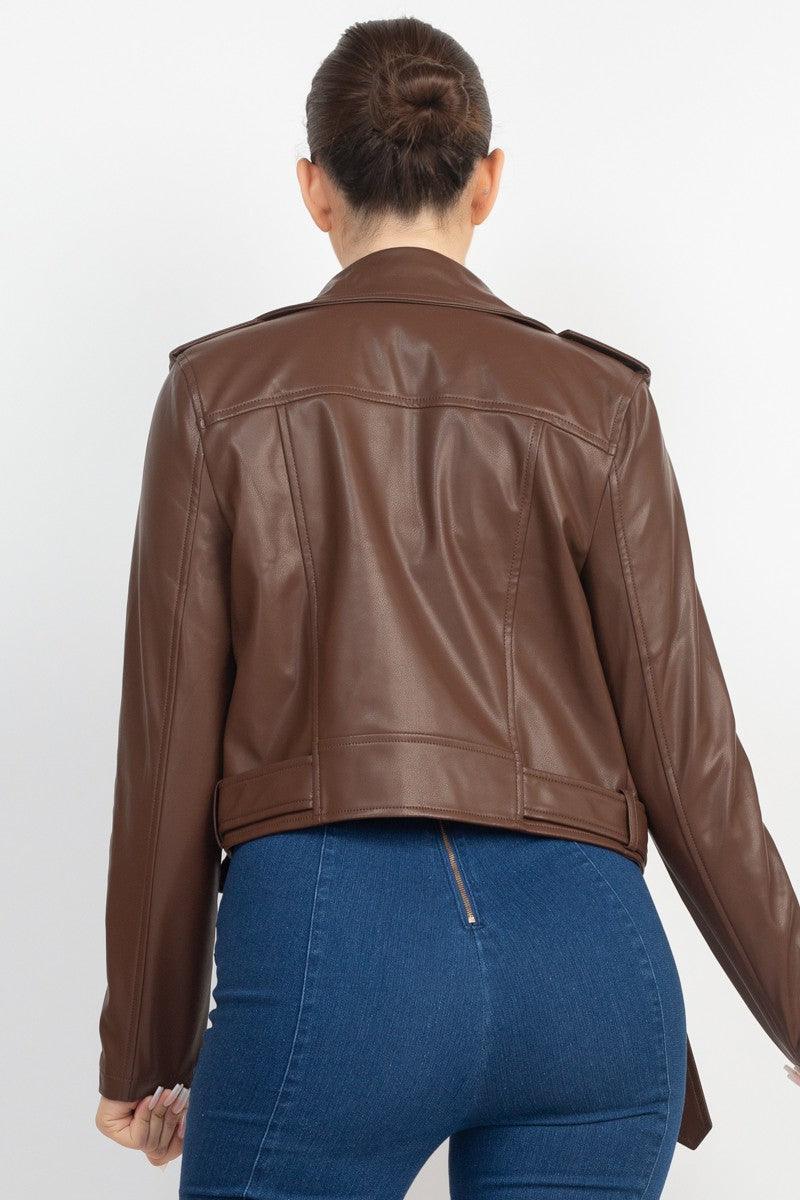 belted zip up faux leather moto jacket