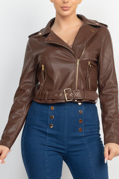 belted zip up faux leather moto jacket - alomfejto