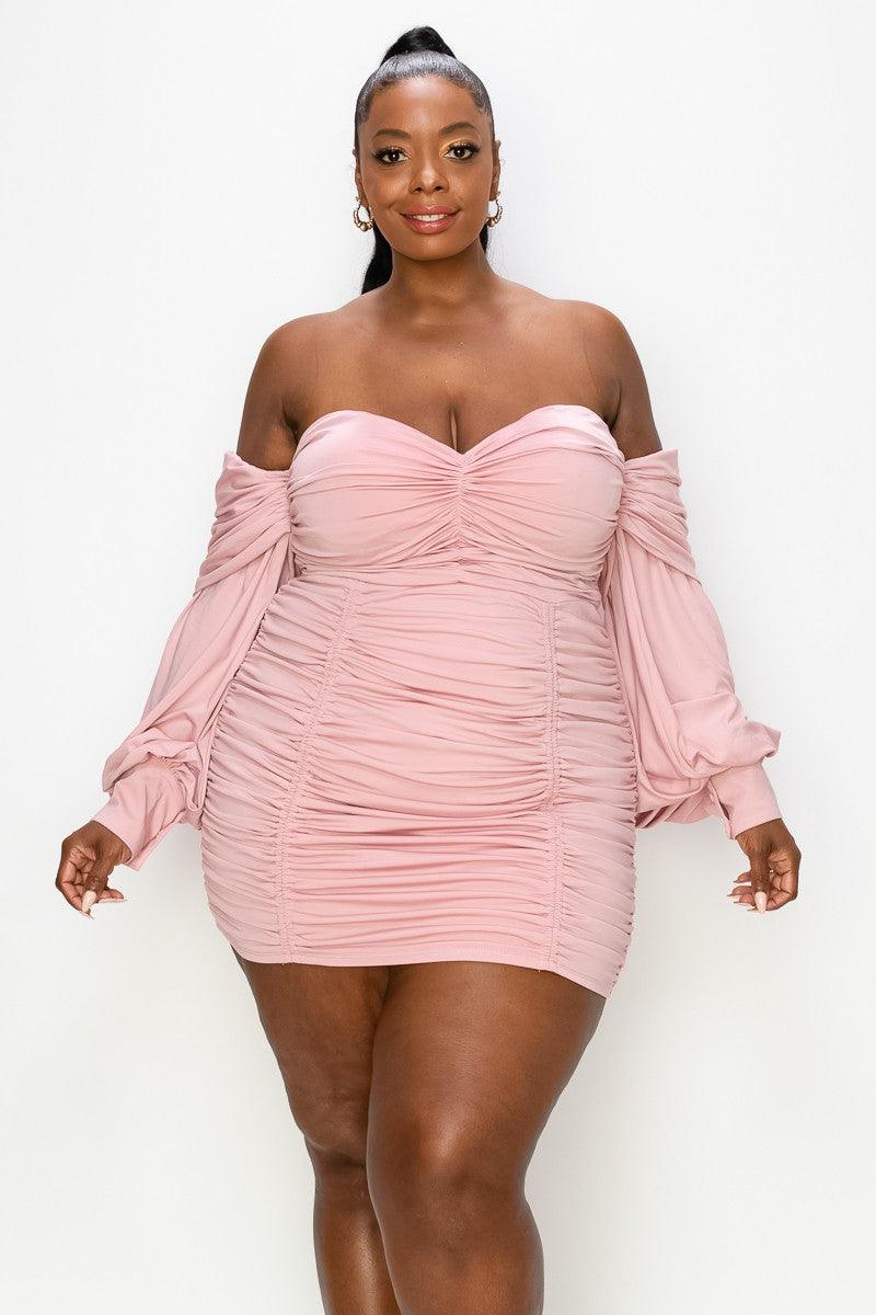 PLUS off the shoulder ruched mini dress - RK Collections Boutique