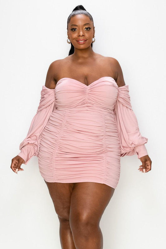 PLUS off the shoulder ruched mini dress - RK Collections Boutique