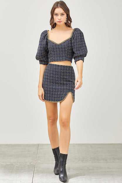chain trim lurex tweed mini skirt - alomfejto