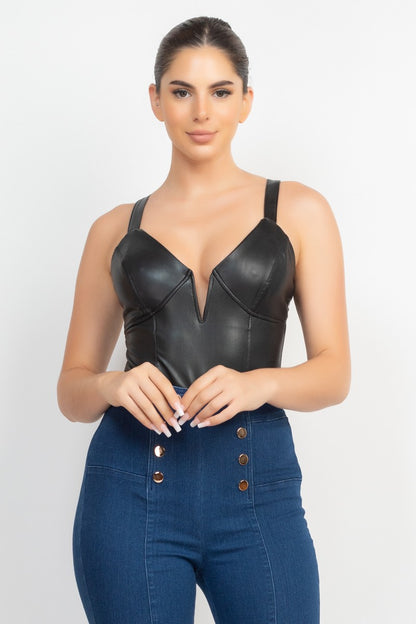 Faux Leather V-bar Sleeveless Bodysuit