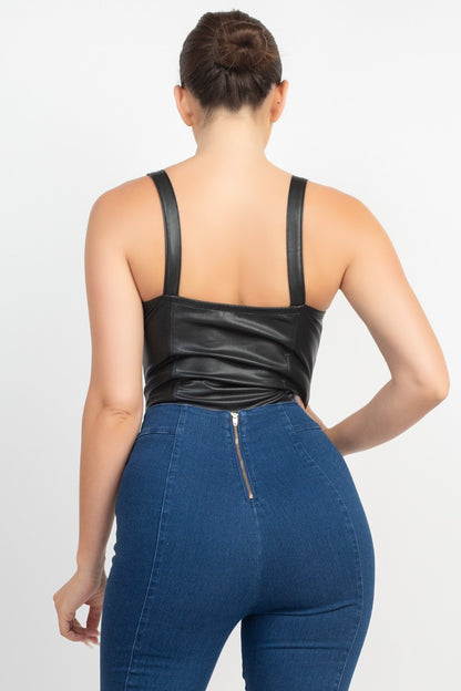 Faux Leather V-bar Sleeveless Bodysuit
